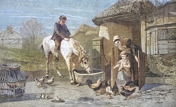 The Farm Gate, Farmer's wife with two children and many animals on a farm, 1869, France, Historic,