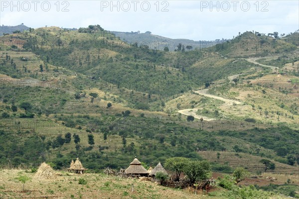 Agriculture showing farmland with fields and primitive huts in the Ethiopian highlands, Ethiopia,