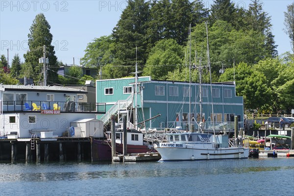 Small boats and wooden buildings, good weather, Ucluelet, Pacific Rim National Park, Vancouver