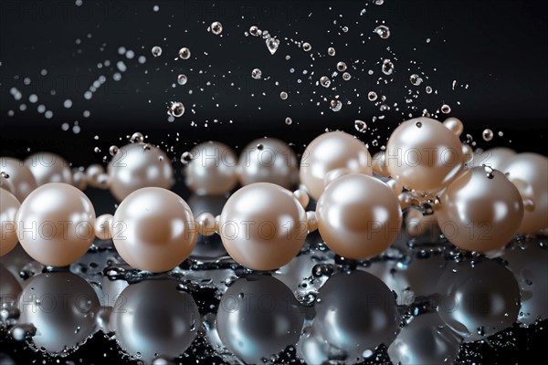 Pearl necklace in the water with splashes, drops and reflections, AI generated