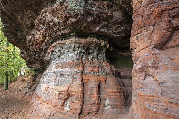 Old castle rock, red sandstone rock formation, natural and cultural monument, Brechenberg near