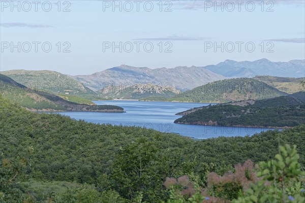Lake Koman, a reservoir on the Drin River, in the Albanian Alps in northern Albania. Koman, Qark