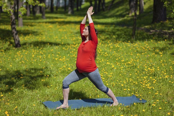Pregnancy yoga exercise, pregnant woman doing yoga asana Virabhadrasana warrior pose outdoors on