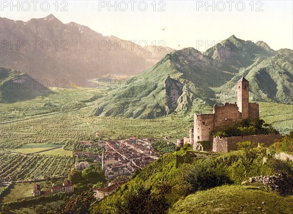 Borgo Valsugana with Telvano Castle and Cima Dodici, Tyrol, formerly Austro-Hungary, today Italy, c