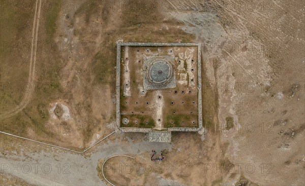 Aerial view, looking down on the caravanserai of Tash Rabat from the 15th century, Naryn region,