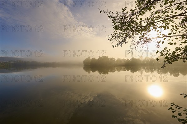 Lake, reflection, sky, clouds, fog, sunrise, autumn, Freudenberg, Odenwald, Baden-Württemberg,