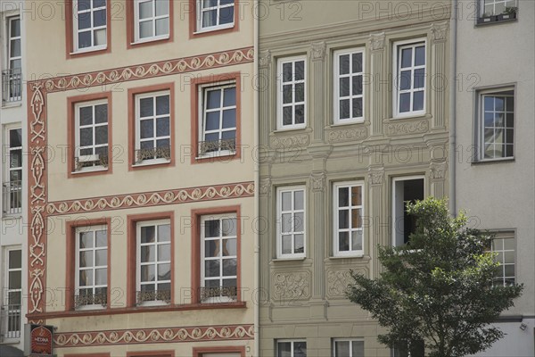 Facade of houses with windows and illusion painting at Florinsmarkt, illusory painting,