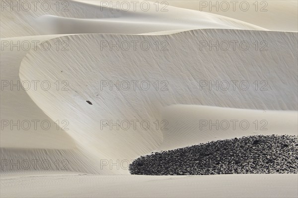 Dunes formed by blown in Sahara desert sand and volcanic rocks in the Deserto de Viana desert on