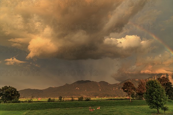 Evening mood with clouds and rainbow over mountains, summer, Loisach-Lake Kochel-Moore, view of