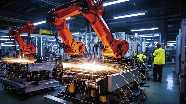 AI generated automotive assembly line in car manufacturing progression with automated machines