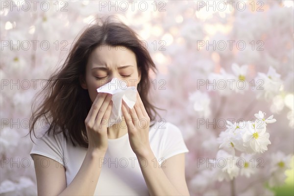 Woman with seasonal pollen allergy sneezing into paper tissue with spring flowers in background. KI