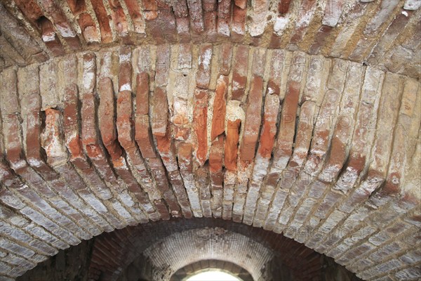 Detail of Roman clay brick tiles at Circa Romano hippodrome, Merida, Extremadura, Spain, Europe