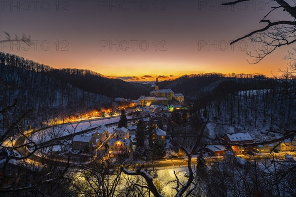 Winter evening in the Müglitz valley, impressively illuminated Weesenstein Castle at the blue hour,
