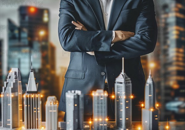 Successful realtor standing in front of modern luxury real estate he sells, AI generated