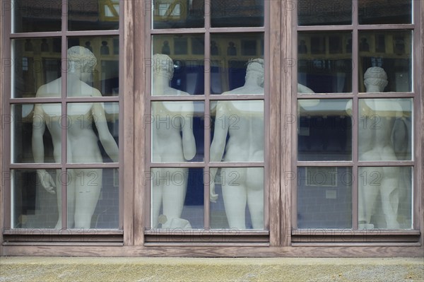 From behind sculptures, male figures, cast collection in the window from the outside, plaster