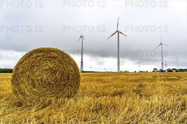 Power lines, high-voltage power lines, wind turbines, grain field, north-east of Höxter, North