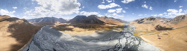 Aerial view, Burkhan mountain valley with meandering river, barren dramatic mountain landscape,