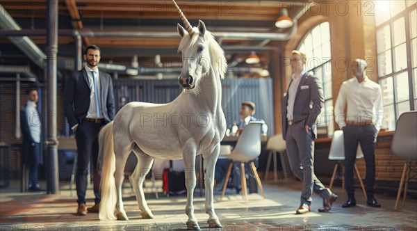 A white unicorn stands in corporate office. Concept of private successful unicorn start-up company,