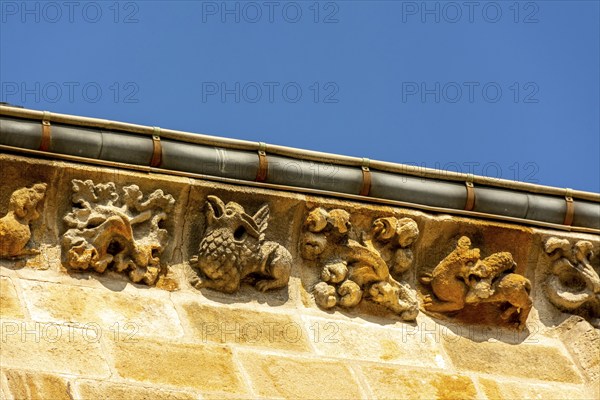 Vic le Comte, sculptures of Saint-Pierre church, Puy de Dome department, Auvergne Rhone Alpes,