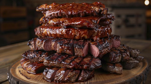 Plate with A stack of several grilled steaks. generative AI, AI generated