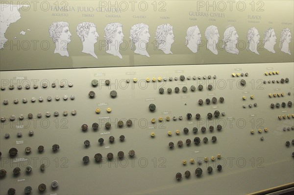 Coin display, Museo Nacional de Arte Romano, national museum of Roman art, Merida, Extremadura,