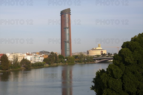 Cajasol Tower office block under construction in La Cartuja area of Seville, Spain viewed from the