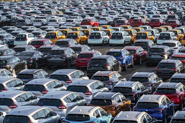 Car terminal in the Logport I inland port, in Duisburg on the Rhine, vehicle handling of new cars,