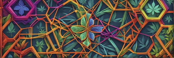 Abstract painting of chemical structure of thc and cbd interlocking geometric shapes, AI generated