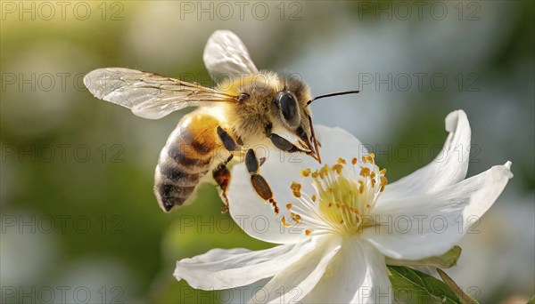 Animals, Symbol, Bee, Honey bee flies towards a flower, Apis mellifera, AI-generated, AI generated