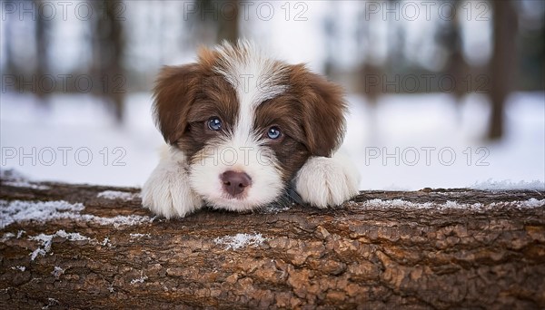 KI generated, dog, dogs, puppy, one, two, three, play, snow, winter, autumn leaves, blue sky,