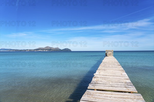 Bay of Alcudia, Platja de Muro, Muro beach, wooden walkway, Majorca, Balearic Islands, Spain,