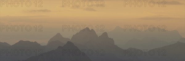 Mountain panorama from Grünten, 1783m, to the Tannheim mountains, Allgäu Alps, Tyrol, Austria,