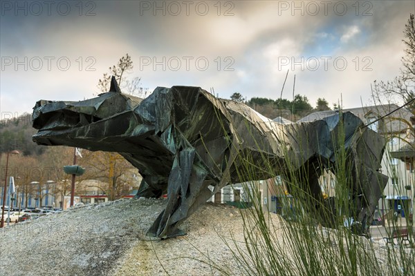 Marvejols. The statue of the Beast of Gévaudan by Emmanuel Auricoste. Lozere. Occitanie. France