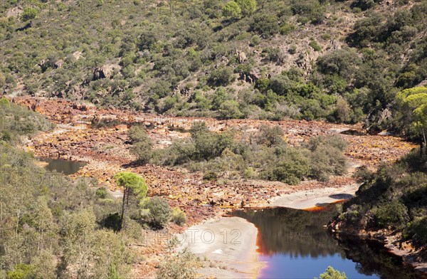 Blood red mineral laden water Rio Tinto river Minas de Riotinto mining area, Huelva province,