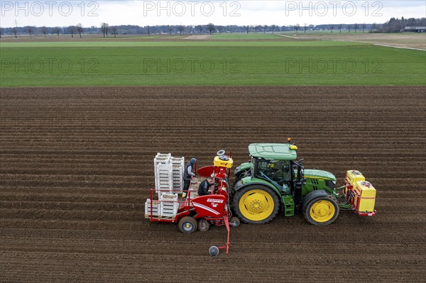 Early potatoes are placed in the soil of the field with a planting machine, Agriculture, Spring