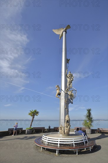 Sculpture Magic Column by Peter Lenk 2007, bench, harbour, lake, Meersburg, Obersee, Lake