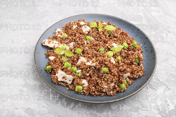 Quinoa porridge with green pea and chicken on ceramic plate on a gray concrete background. Side