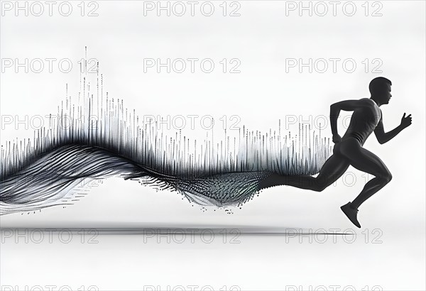 Wave of data points shaping into a runners silhouette, abstract illustration in black and white,