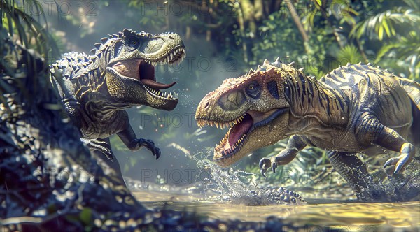 Two dinosaurs are fighting in a jungle. One is a T-Rex and the other is a Triceratops, AI generated
