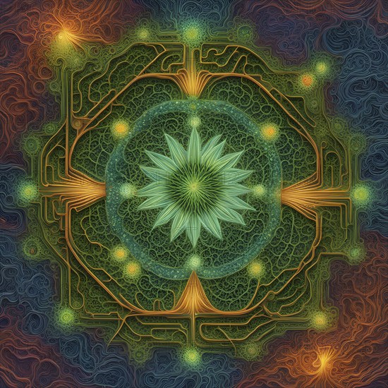 Abstract painting of chemical structure of thc and cbd interlocking geometric shapes, AI generated