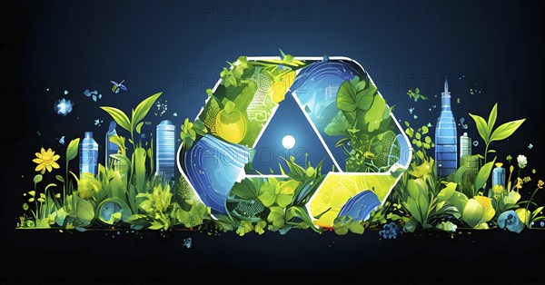 Recycling symbol morphing into growing plants and solar cells to symbolize the transformation of