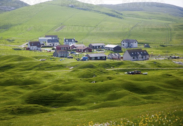 Houses in the crofting settlement village of Bhatarsaigh, Vatersay, Barra, Outer Hebrides,