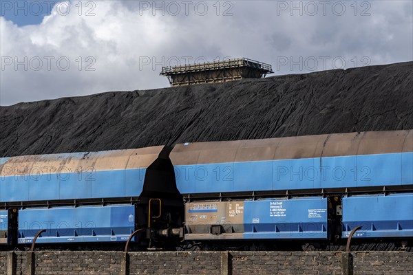 Coal storage, goods train, of the Prosper coking plant, operated by the ArcelorMittal steel group,