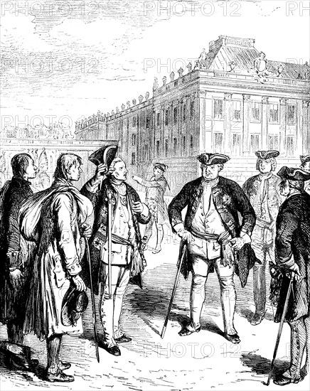 Long fellows arriving in Berlin are presented to King Frederick William I, palace, Prussian