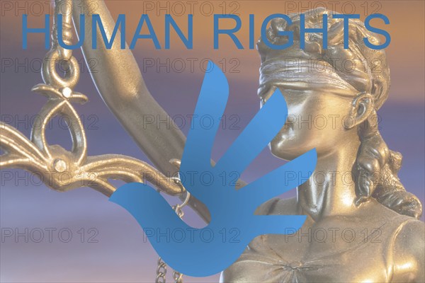 Human rights symbol: Public domain Human Rights logo, the word Human Rights and a Justitia in the