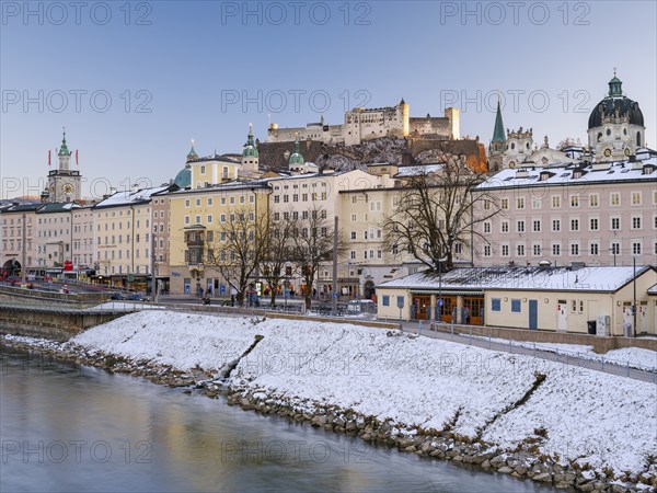 Winter Salzburg in the last light, Old Town, Cathedral, Fortress Hohen Salzburg, Salzach, Salzburg,