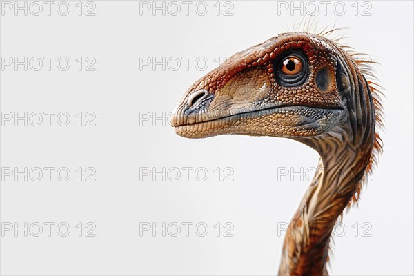 Close up of head of Gallimimus dinosaur on white background. Generative Ai, AI generated