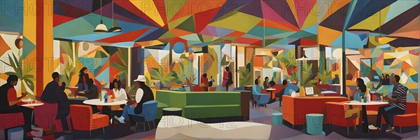 Abstract composition of a cannabis cafe with ambiance bold contrasting colors and playful shapes,