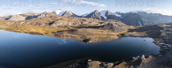 Aerial view, mountain peak and mountain lake, evening mood, Arabel Lake at Arabel Pass, Issyk Kul