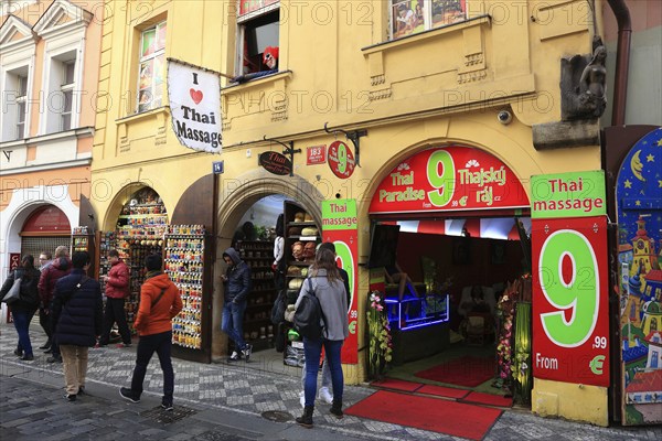 Shops, thai massage, cheap, street scene in the old town, Prague, Czech Republic, Europe